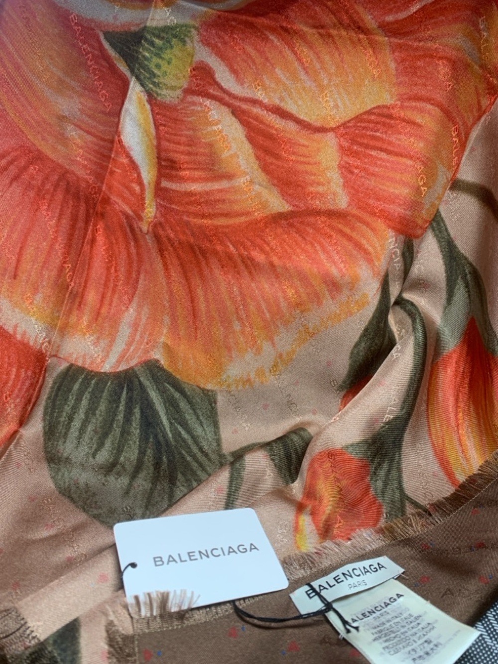 Balenciaga Floral Silk Scarf in Coral, Peach & Green